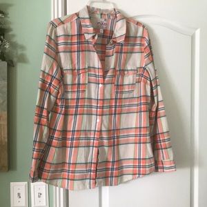 Orange, green and blue plaid flannel shirt